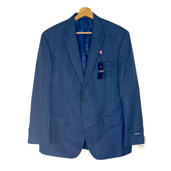 NWT Chaps Plaid Blazer Two Buttons Blue Sz 44 Regular